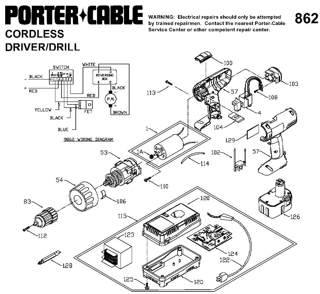 Default Diagram and Parts List for 9862 Type 1 Porter Cable Boring Machine